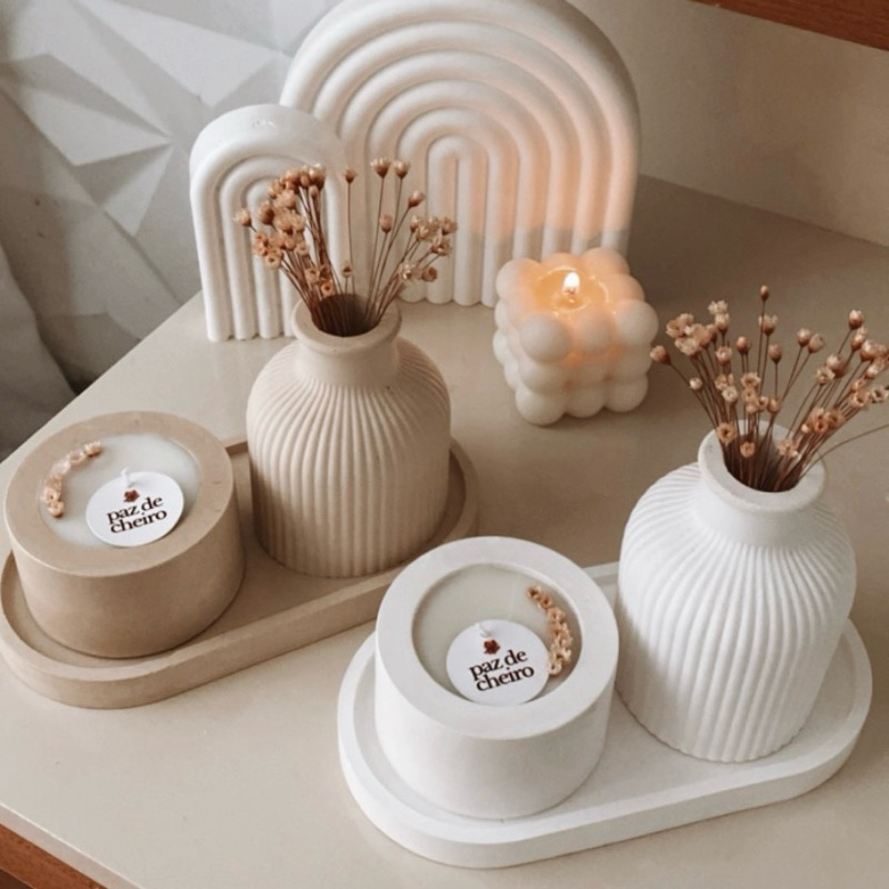 Kit AESTHETIC: Vaso Minimalista + Bandeja Decorativa + Vela Aromática | Produto Artesanal.