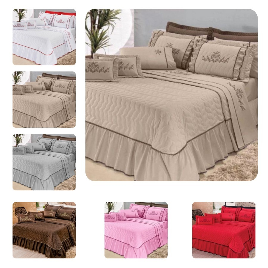 Kit Cobre leito Mosaico Matelassado Casal Padrão Caqui Bordado 05 Peças