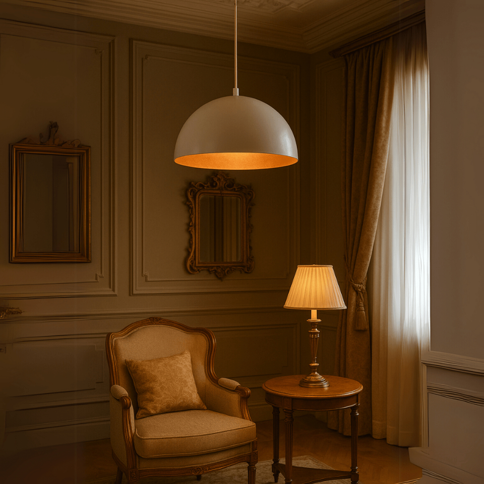 Lustre Meia lua 30cm Pendente Branco c/ Cobre Decoração Elegante Sala Cozinha Teto