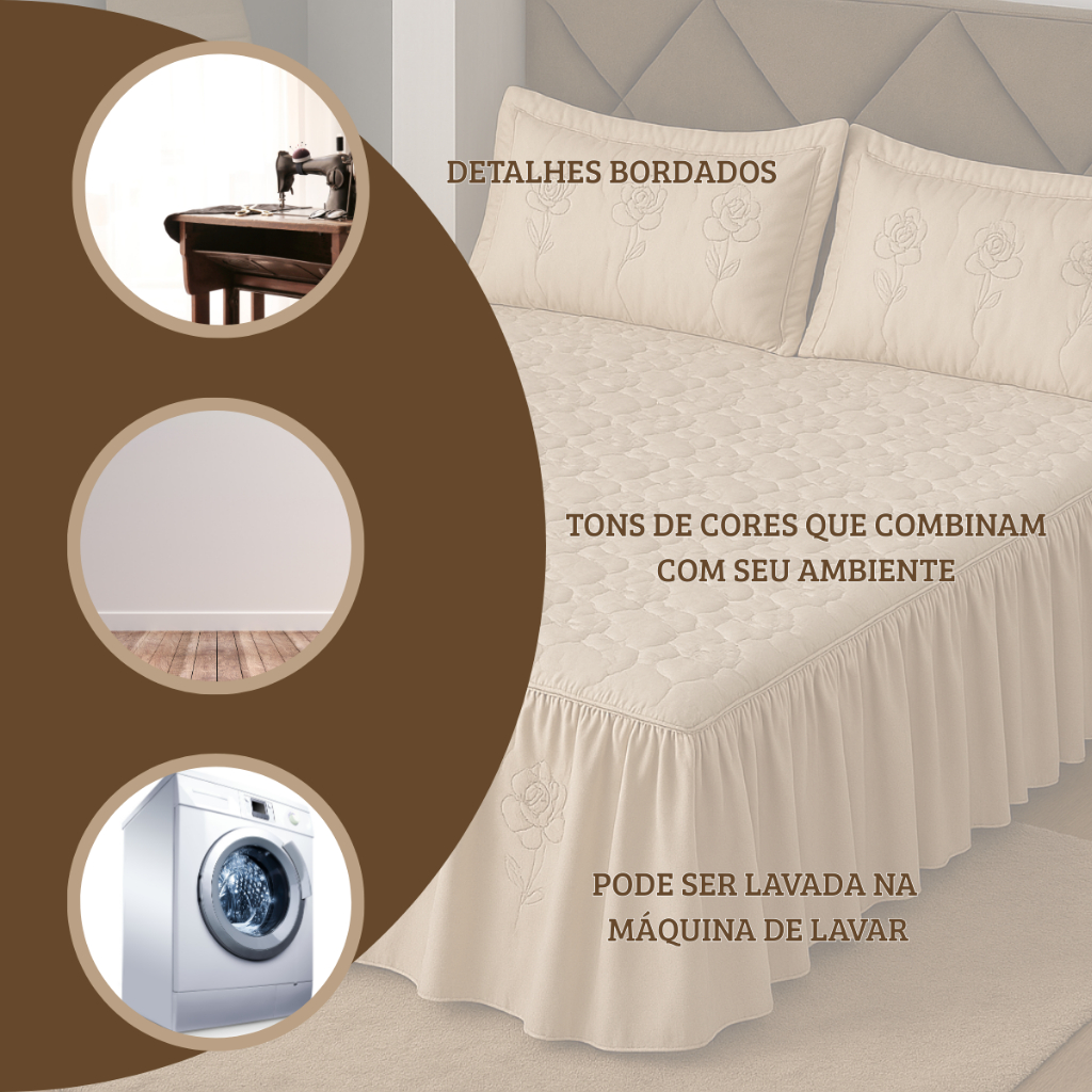 Colcha Casal Bordada Cama Padrao 3 Peças Com Babado