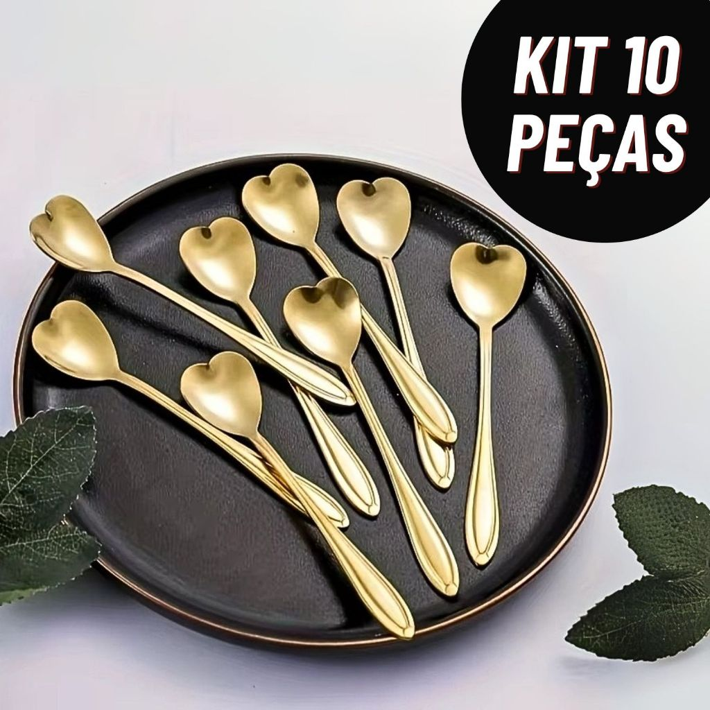 Kit Colher Coração Fofa para Cozinha Mesa Posta Douradas Café Sobremesa Chá Aço Inoxidável
