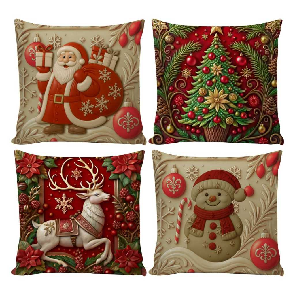 Kit 4 Capas de Almofadas Decorativas 45x45cm Feliz Natal