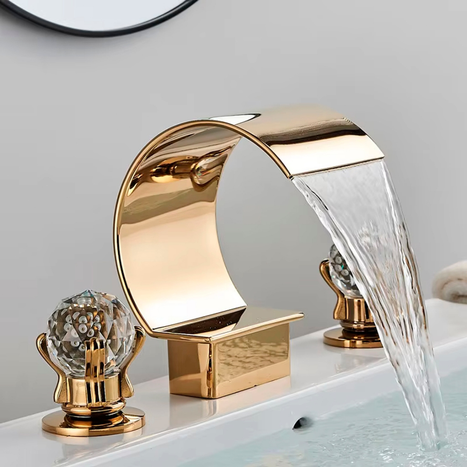 Torneira Misturador Lavatório Banheiro Dourado/Cromado Conjunto Metal Com Duplo Alças