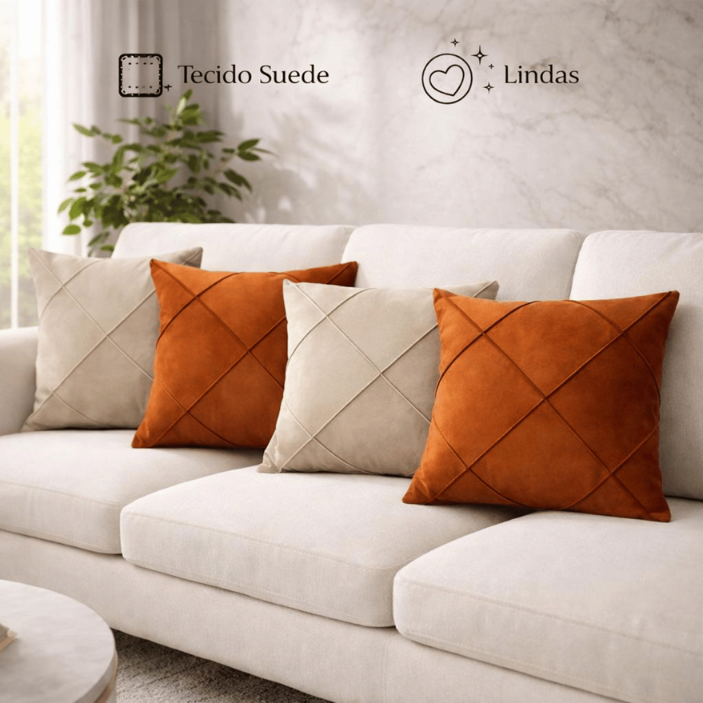 Kit 04 Almofadas Cheias em Suede Drapeada 45x45cm Decorativas Sala Quarto Sofá