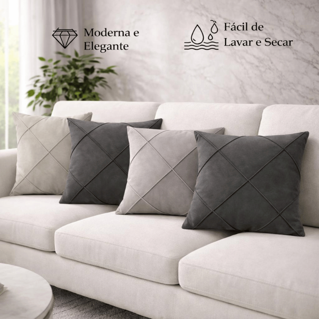 Kit 04 Almofadas Cheias em Suede Drapeada 45x45cm Decorativas Sala Quarto Sofá