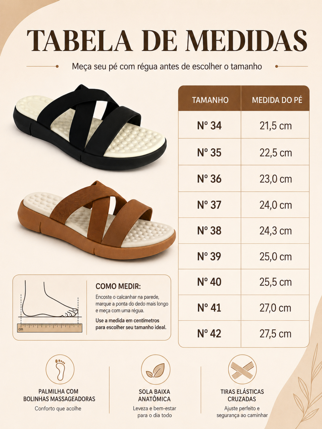 Sandália Ortopédica Feminina Elástico Caramelo ou Preto Tamanho 35 ao 40