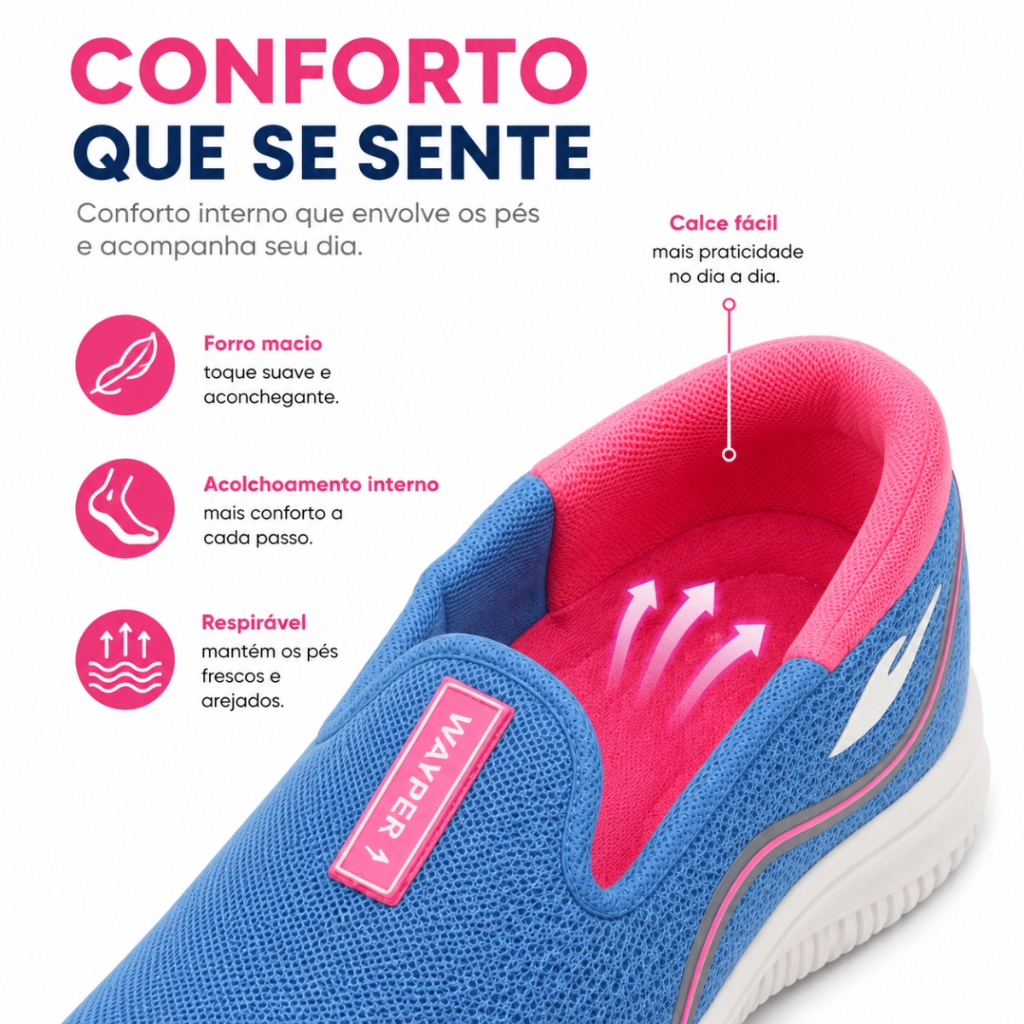 Tênis ortopédico feminino slip on calce fácil academia lazer