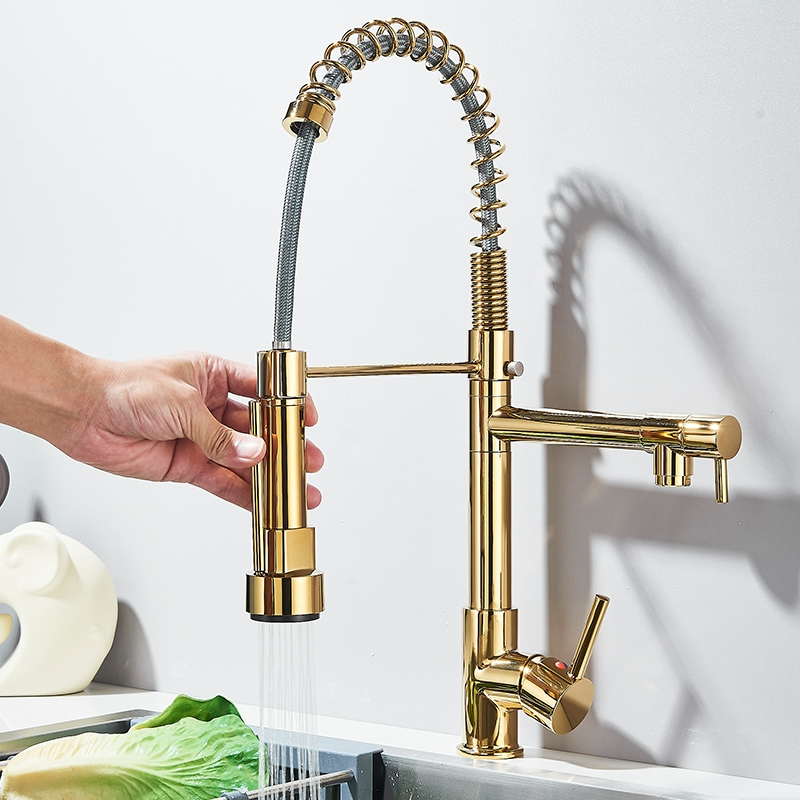 Torneira Cozinha Gourmet Monocomando Com Spray Extensor Dourado