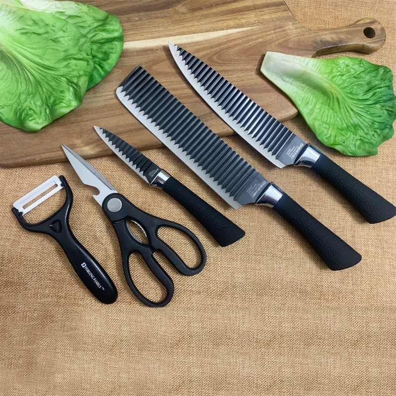 Kit 6 Peças Conjunto de Faca Carne Cutelo Legumes Aço Carbono Descascador Tesoura Profissional