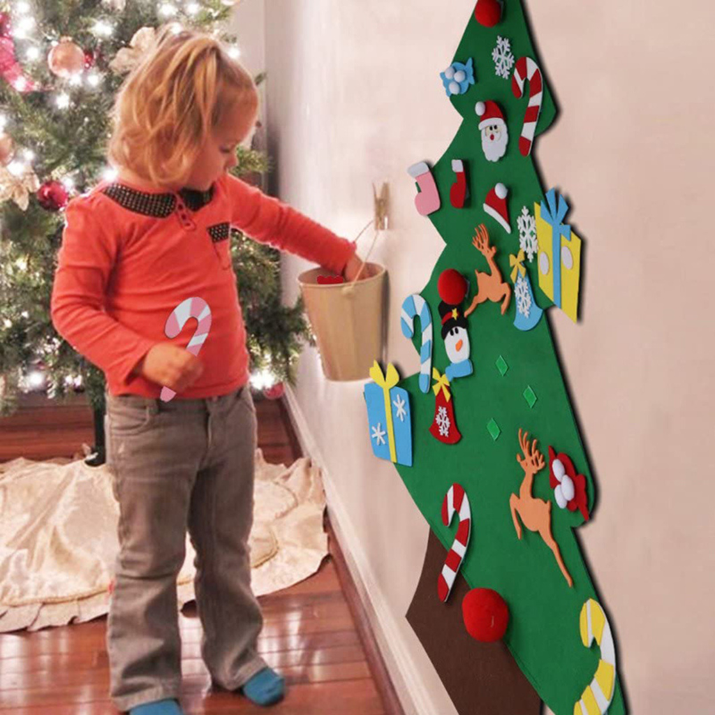 Arvore de natal de feltro velcro com led desmontável com enfeites de natal pendura na parede